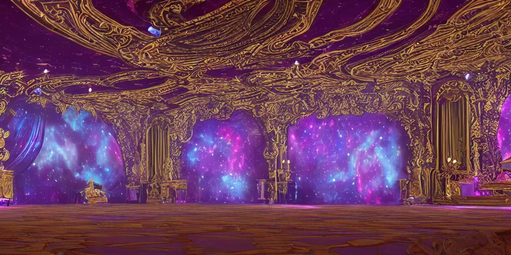 Prompt: high fantasy ballroom stage design, trending on Artstation, regal seating, intricate cosmic illustrations, 8k Unreal Engine 5 render, rule of thirds, immersive starry ceiling, floral architecture