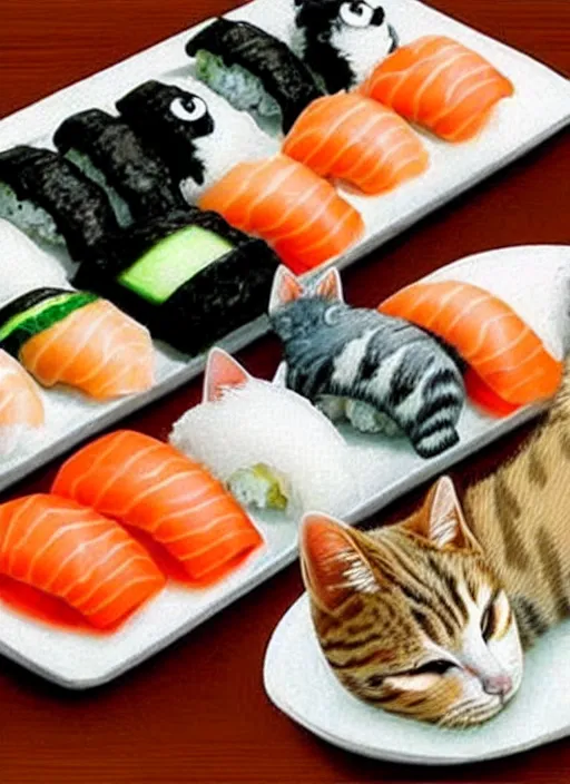 Image similar to clear photorealistic picture of adorable cats made out of sushi