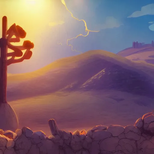 Image similar to apocalyptic burning desert landscape with ruins, warm backlit, anime