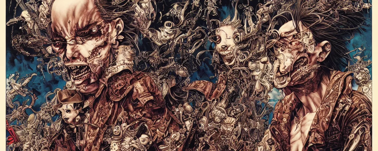 Image similar to portrait of crazy pirate, symmetrical, by yoichi hatakenaka, masamune shirow, josan gonzales and dan mumford, ayami kojima, takato yamamoto, barclay shaw, karol bak, yukito kishiro