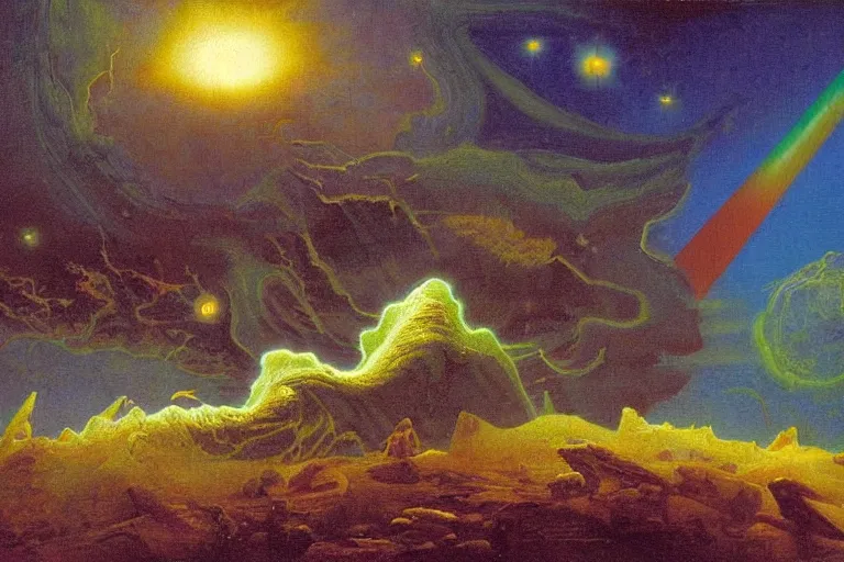 Image similar to mesozoic cosmic upheaval turmoil landscape in the style of dr. seuss, orbital laser bombardment, painting by albert bierstadt