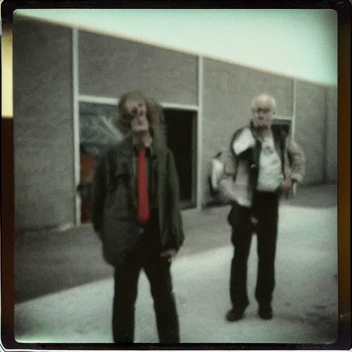 Prompt: found polaroid photo of trash humpers in an abandoned shopping mall