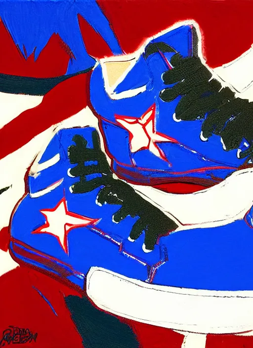 Image similar to Captain America sneaker, view from the side, Light Mode, Future Funk, Painted By Lawrence Pelton