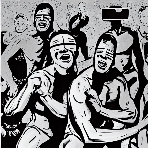 Prompt: a illustration of wrestlers wearing a vr headset, shrugging arms, movie premiere poster, close up, portrait, dramatic, 1 9 6 0 s, highly detailed