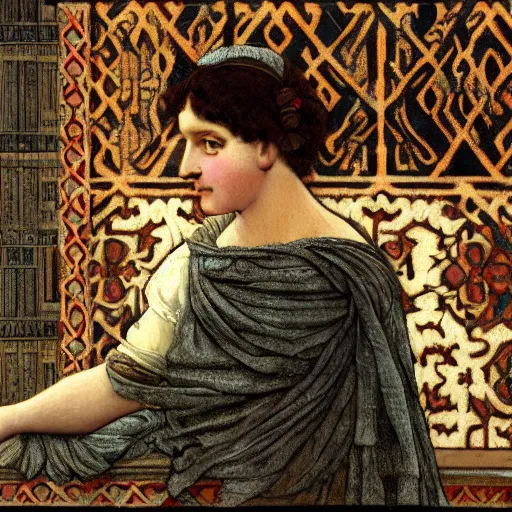 Prompt: a lot of patterns morphing in a beautiful peasant girls face, film still by kubrick, depicted by herbert james draper, arnold bocklin, john willaim godward, sir lawrence alma - tadema. limited color palette, very intricate, highly detailed, minimalist