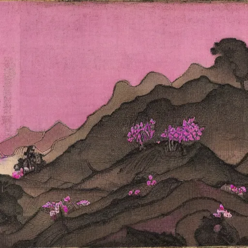 Prompt: a utopian landscape with pink and purple flowers, black sky, in the style of Ma Yuan