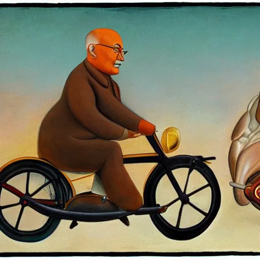 Image similar to ghandi riding a motorcycle by botero