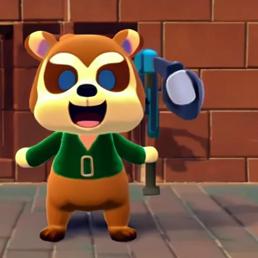 Prompt: Tom nook from animal crossing demanding bells with a gun