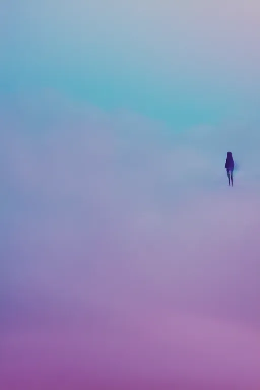 Image similar to high quality pastel coloured film close up wide angle photograph of a model wearing clothing resting on cloud furniture in a icelandic black rock!! environment in a partially haze filled dreamstate world. three point light, rainbow. photographic production. art directed. pastel colours. volumetric clouds. pastel gradient overlay. waves glitch artefacts. extreme facial clarity. 8 k. filmic.