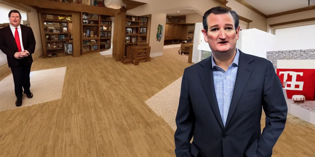 Image similar to ted cruz in a minecraft house standing next to a chest