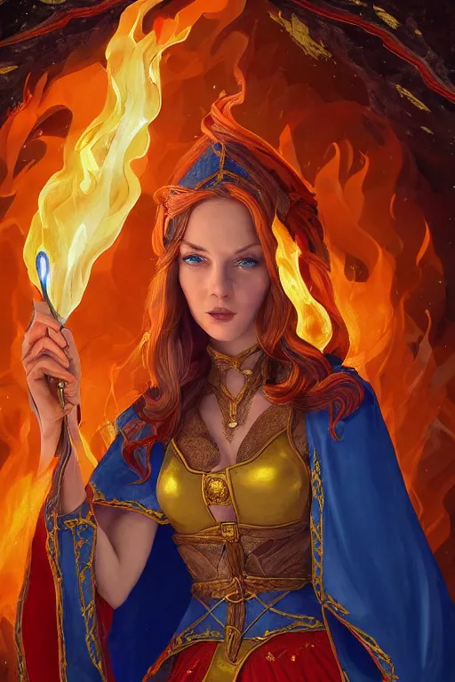Prompt: Full portrait of Elementalist, female, gorgeous, beautiful face, Red and blue garments, yellow robes, brass bracelets, transparent cloak from neck to ankles, pin-up, surrounded by fire, ice and thunder, highly detailed, smooth, sharp focus, digital painting, illustration, by by Albert Aublet, Krenz Cushart, WLOP and Sakimichan, artstation, octane render, blender