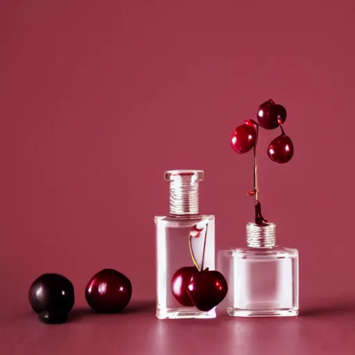 Image similar to perfume bottle and artistic dark red cherries, softly - lit, realistic, up close shot, white background, zen, light, modern minimalist f 2 0