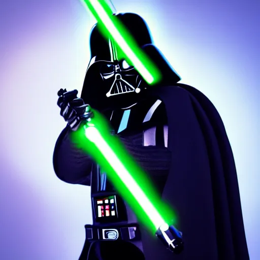 Image similar to A studio image of Darth Vader holding a green lightsaber, ray tracing, black background, 4k, hyper detailed, studio lighting, movie set,