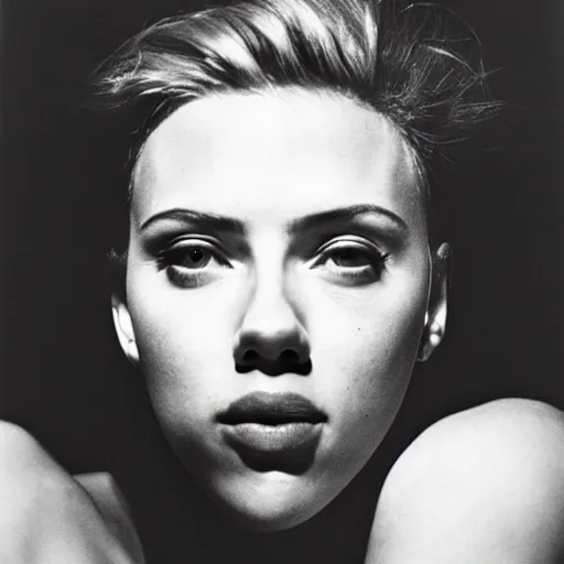 Prompt: photo of Scarlett Johansson by Diane Arbus, black and white, high contrast, Rolleiflex, 55mm f/4 lens