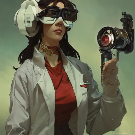 Prompt: a full body character design by artgerm, cushart krenz, greg rutkowski and alphonse mucha. cute african mad scientist woman lab coat!! green plasma laser gun!! goggles visor!! bold outline sharp edges. ultra clear detailed. 8 k. ultra detailed, elegant, intricate, octane render. felt!!! texture