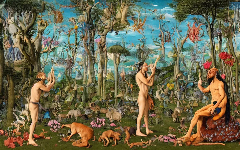 Image similar to photograph of a meditating centaur shaman and a striped werewolf feeding animals. surrounded by bulbous flowers, coral, animals and a few trees. river delta with cliffs under a blue sky of burning stars. painted by jan van eyck, max ernst, ernst haeckel, ernst fuchs and artgerm. trending on artstation, trending on cgsociety