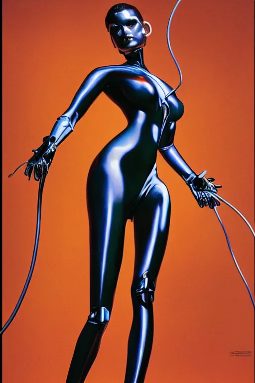 Prompt: portrait of a metal woman in the style of hajime sorayama, editorial photography from vogue magazine, photography
