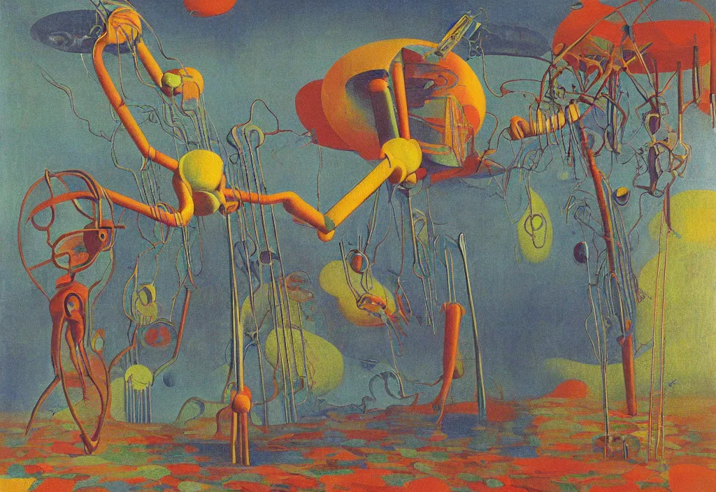 Prompt: old wooden antigravitational archaic spindle fork with psychedelic iridescent yarn. painting by yves tanguy, georges de la tour, agnes pelton, rene magritte, max ernst, monet