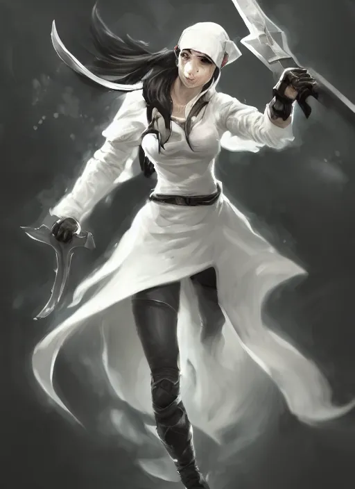 Prompt: a highly detailed illustration of fierce messy ponytail black haired one armed delinquent woman wearing white cap wearing long white coat cape, dramatic wielding sword pose, muscular, intricate, elegant, highly detailed, centered, digital painting, artstation, concept art, smooth, sharp focus, league of legends concept art, wlop.