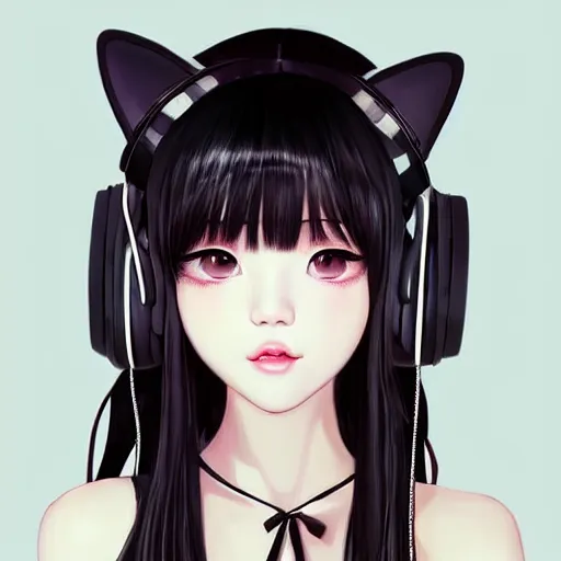 Image similar to realistic beautiful gorgeous natural cute Blackpink Lalisa Manoban black hair cute fur black cat ears, wearing white camisole, headphones, black leather choker artwork drawn full HD 4K highest quality in artstyle by professional artists WLOP, Taejune Kim, Guweiz on Artstation Pixiv