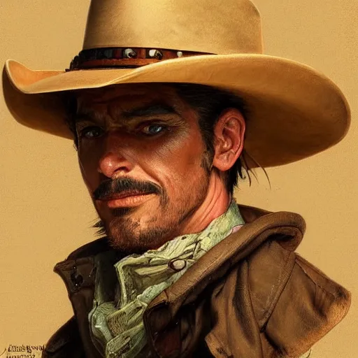 Image similar to a man, cowboy hat, portrait, wild west, fantasy, highly detailed, digital painting, artstation, concept art, sharp focus, illustration, art by J. C. Leyendecker and norman rockwell and artgerm and greg rutkowski and alphonse mucha