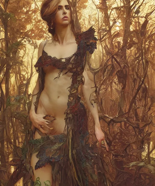 Image similar to epic full body portrait of Nicolas Cage fantasy, intricate, elegant, highly detailed, digital painting, artstation, concept art, smooth, sharp focus, illustration, deep forest on background, art by artgerm and greg rutkowski and alphonse mucha,