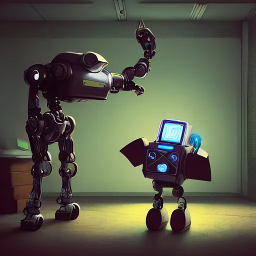 Image similar to fantastic realism comic book style photo of a robot gives a toy to a child, concept art, unreal 5, render,