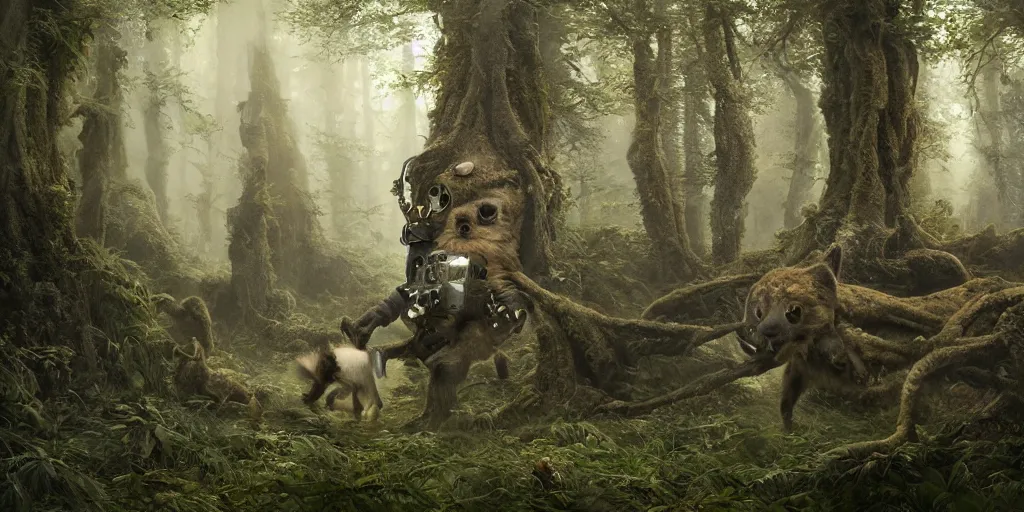 Prompt: an astronaut comes a across a strange creature, a furry animal with six legs covered in thick fur, in a forest, a detailed matte painting by frieke janssens, featured on cgsociety, fantasy art, matte painting, reimagined by industrial light and magic, matte drawing