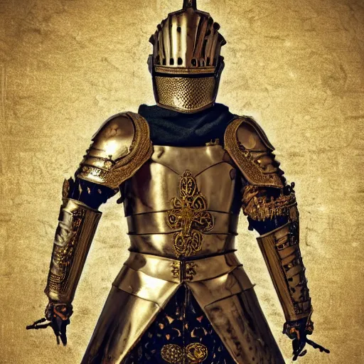 Prompt: man in decorated with gold medieval baroque style armor and helmet and golden cross on his chest rennaisance art style