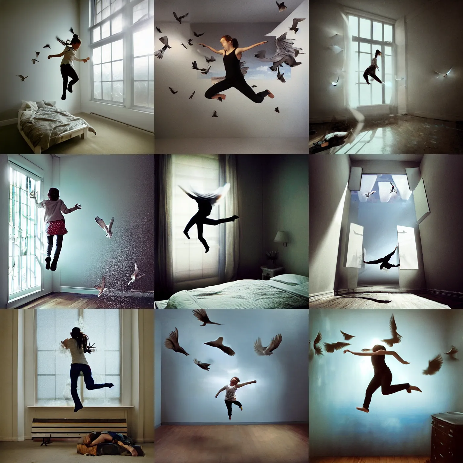 Prompt: girl jumping over her bed, big window, doves, magical, underwater, jeremy geddes natural volumetric light