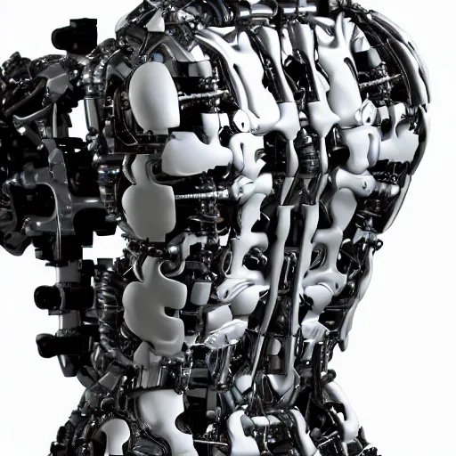 Prompt: upper back closeup of a complex chromium cybernetic endoskeleton in a white room : : highly detailed : : transparent armor : : three fourth rear shot