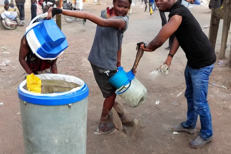 Image similar to a guy putting a dustbin over the head of a girl