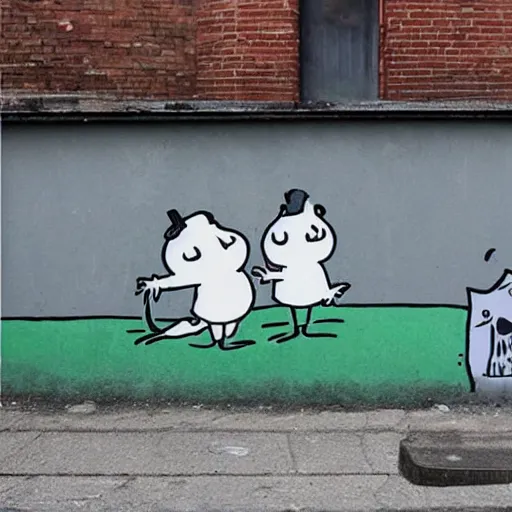 Prompt: Moomins, street art, banksy