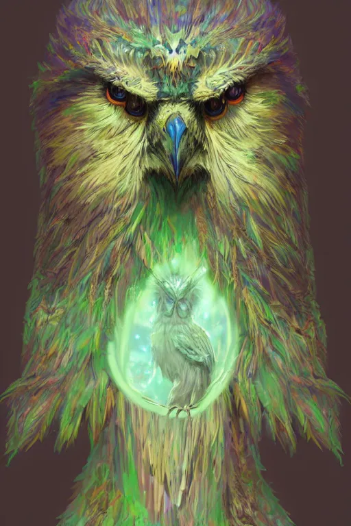 Image similar to a beautiful upper body shot from a fantasy film of a humanoid iridescent green owlbear wearing a loose tunic. an anthropomorphic owlbear. fantasy, frown, intricate, elegant, highly detailed, digital painting, artstation, concept art, matte, sharp focus, illustration, art by artgerm and greg rutkowski and alphonse mucha