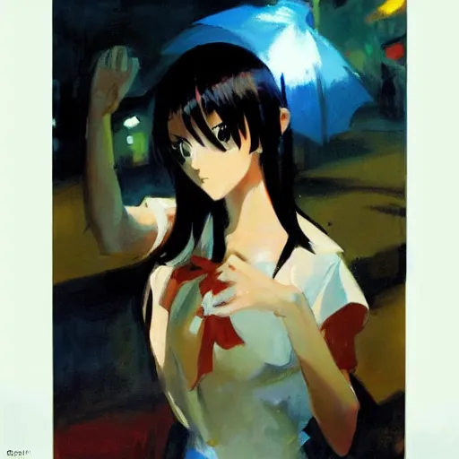 Image similar to greg manchess painting of an anime woman, direct flash photography at night, makoto shinkai