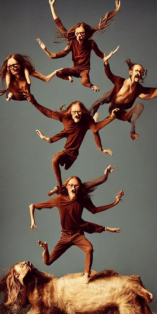 Image similar to a jumping old 3 headed man, 6 eyes with 3 heads and 6 eyes, long hair, jumping, by annie leibovitz