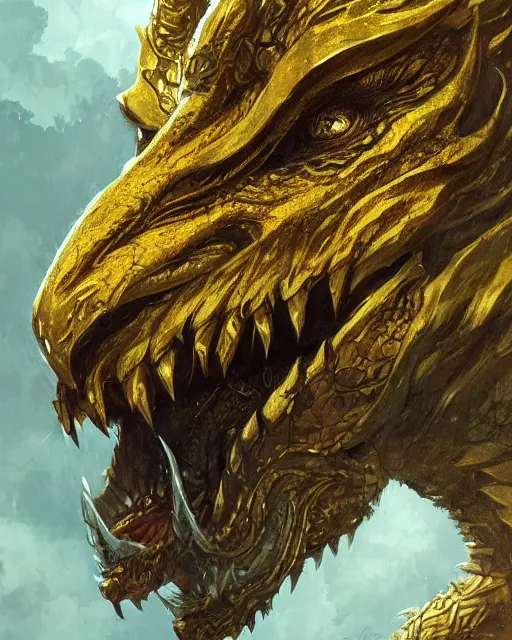 Image similar to A golden dragon tiger resting, highly detailed face, close-up, fantasy art, monster art, in the style of greg rutkowski, illustration, epic, fantasy, intricate, hyper detailed, artstation, concept art, smooth, sharp focus, ray tracing