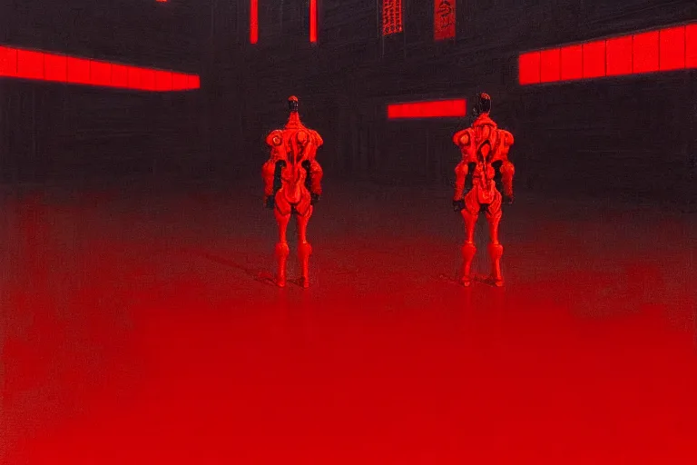 Image similar to only with red, a red cyborg samurai, tokio futuristic in background, some evil yokai, in the style of beksinski, parts by edward hopper, parts by rodcenko, parts by yue minjun, intricate and epic composition, red by caravaggio, insanely quality, highly detailed, masterpiece, red light, artstation, 4 k