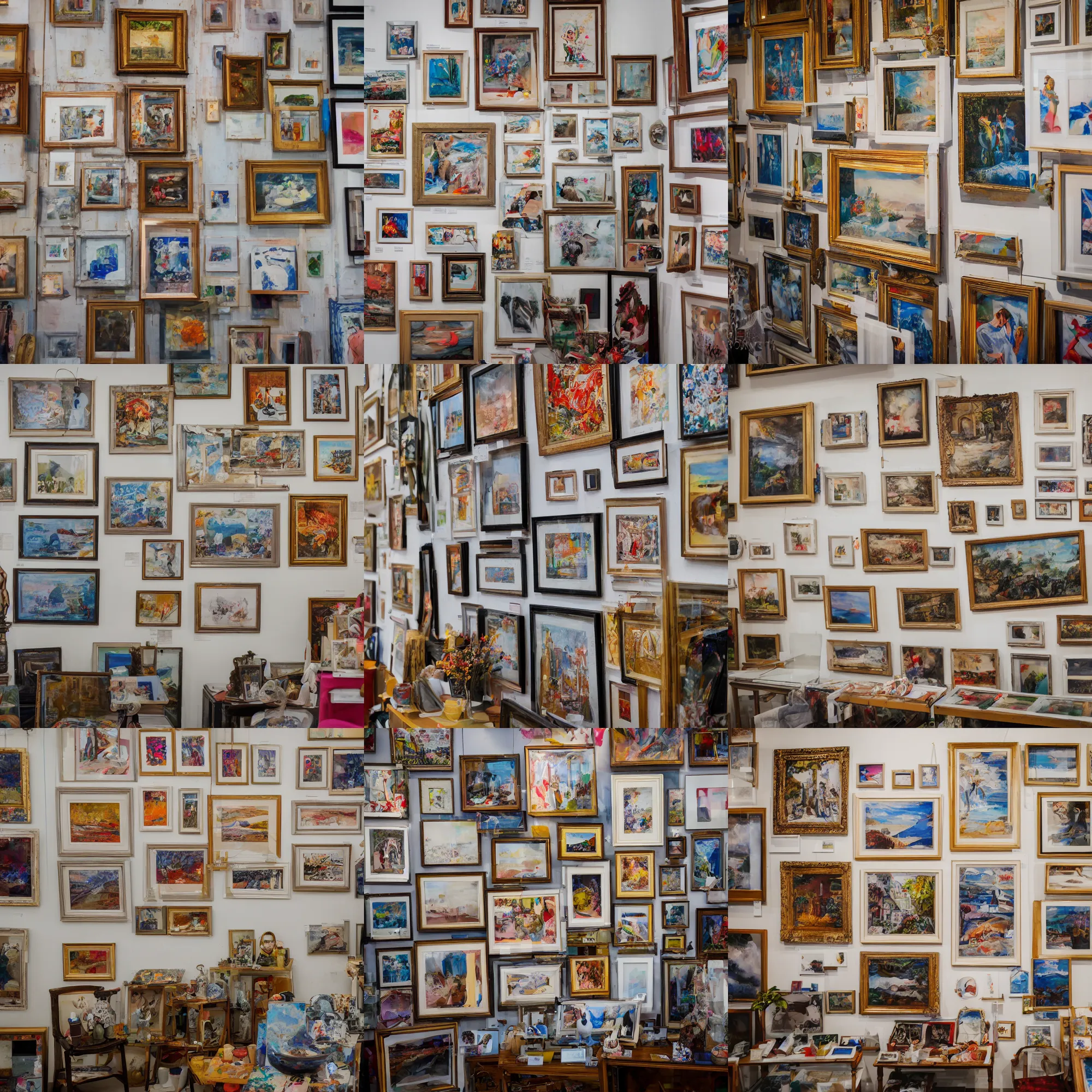 Prompt: second-hand art gallery shop, different framed paintings covering the walls, EOS-1D, f/1.4, ISO 200, 1/160s, 8K, RAW