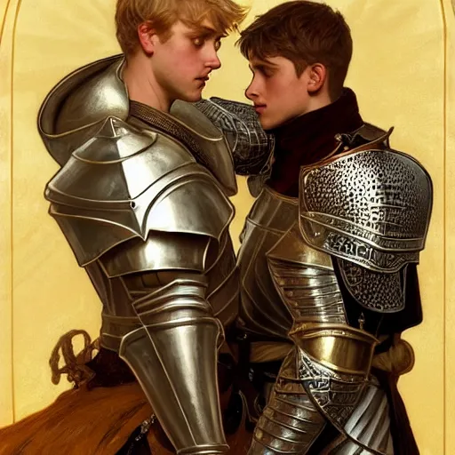 Image similar to attractive arthur pendragon and his favourite attractive male knight, they are in love, camelot, natural lighting, path traced, highly detailed, high quality, digital painting, by gaston bussiere and ross tran and j. c. leyendecker and alphonse mucha