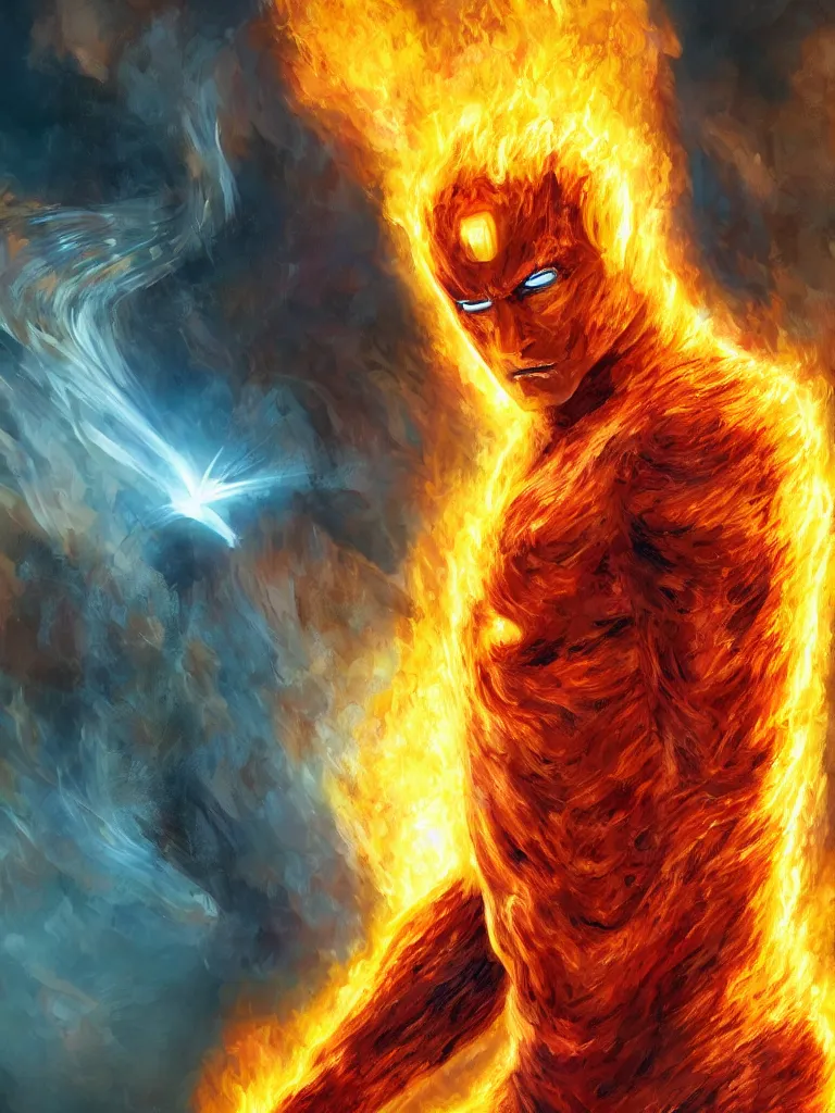 Prompt: human torch, close up, intricate, looking at camera, extremely detailed, sharp focus, concept art, illustration, sci-fi, volumetric lighting, art by Dr. Seuss