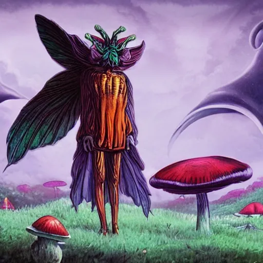 Image similar to A centered chest up portrait of a psychedelic godlike atlas mothman smoking a hand-rolled cigarette smoking heavily , magic mushroom village in background , award winning. superb resolution. in the art style of junji Ito and greg rutkowski . Detailed Mushroom city in background. Hyper realistic anime. Perfect art. Dalle2