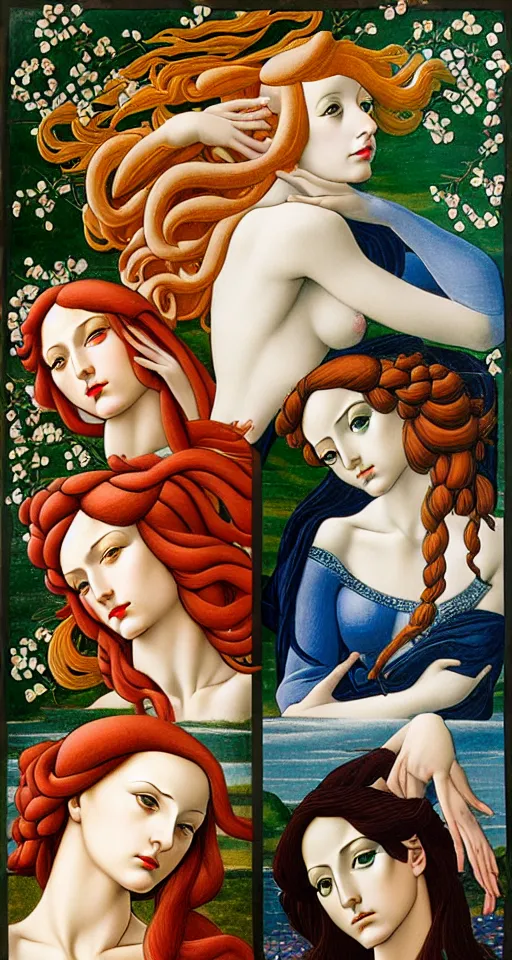 Image similar to 12 figures, representing the 4 seasons, (3 as Spring), (3 as Summer), (3 as Autumn) and (3 as Winter), in a mixed style of Botticelli and Æon Flux, inspired by pre-raphaelite paintings, shoujo manga, and Möbius, stunningly detailed, elaborate inking lines, pastel colors, 4K photorealistic