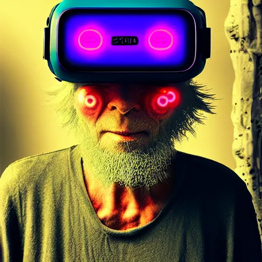 Image similar to Colour Photography of 1000 years old man with highly detailed 1000 years old face wearing higly detailed cyberpunk VR Headset. in style of Josan Gonzalez