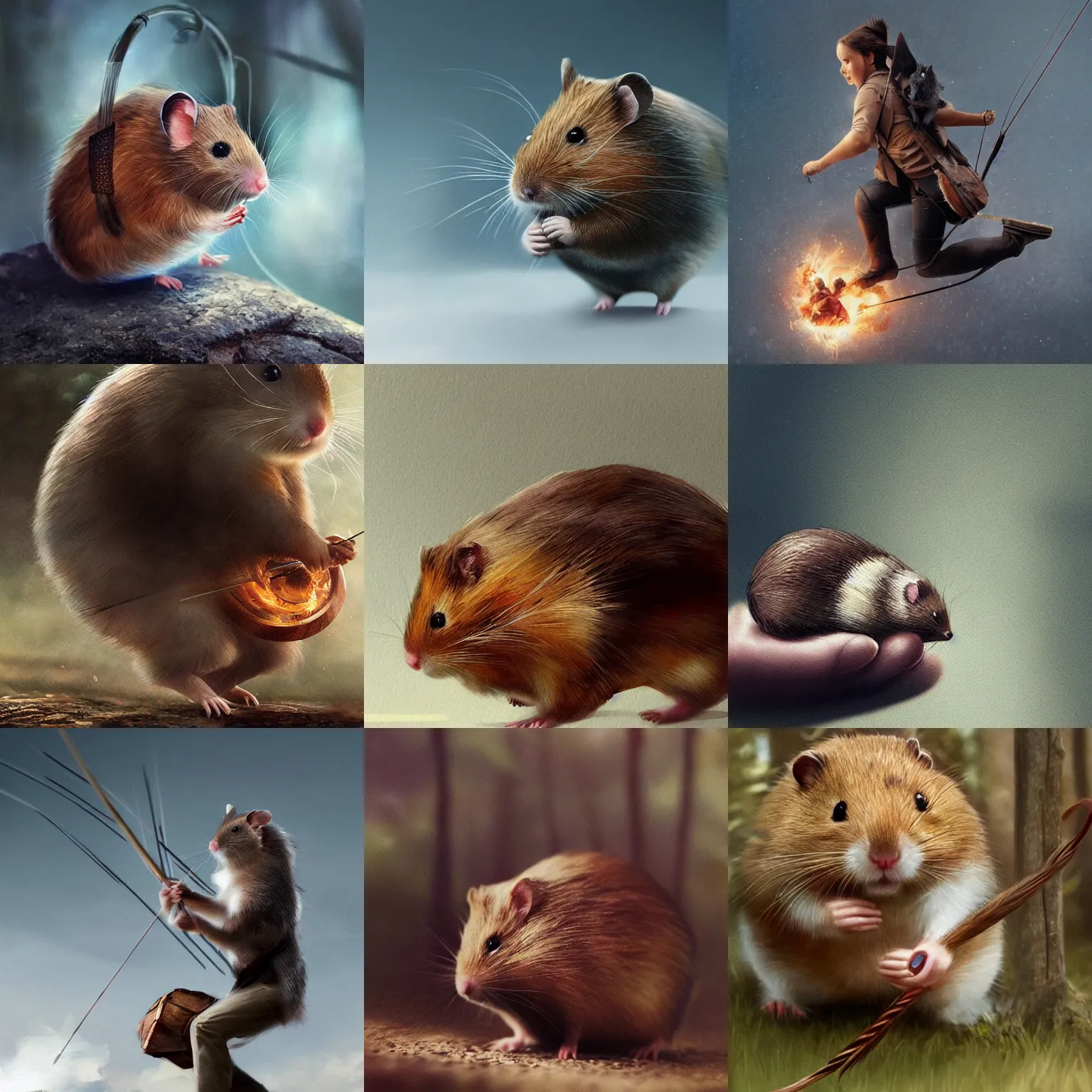 Prompt: a giant hamster carrying katniss everdeen, digital art by greg rutkowski, but as macro!!!!! photography