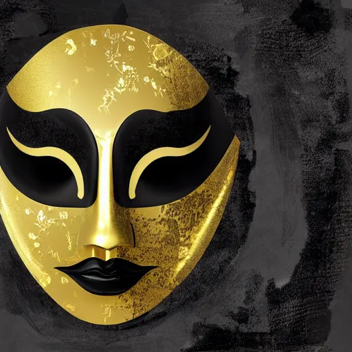 Prompt: a white - and - gold venetian mask emerging from thick black paint, digital art