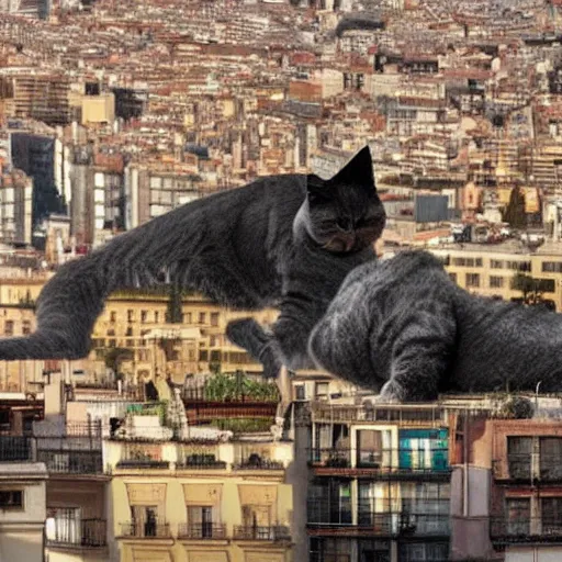 Prompt: a hairy giant cat destroying barcelona with laser eyes