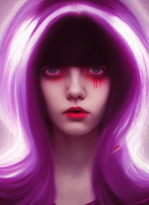 Image similar to hair whitebangs hair, black hair, whitebangs, portrait of teenage girl with white bangs, red irises, purple clothes, white bangs, bangs are different color from hair, intricate, elegant, glowing lights, highly detailed, digital painting, artstation, concept art, smooth, sharp focus, illustration, art by wlop, mars ravelo and greg rutkowski