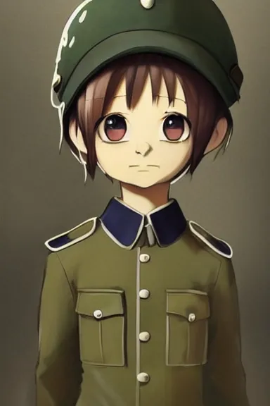 Image similar to beautiful little boy in nazi male uniform. made in abyss art style, sharps focus, pose, cute detailed artwork, anatomically correct, ilya kuvshinov, reflection, perfect composition, mobile wallpaper, digital art, detailed anime soft face, symmetrical face, western anime, illustration, realistic, smooth, nazi chic, lois van baarle, soft details