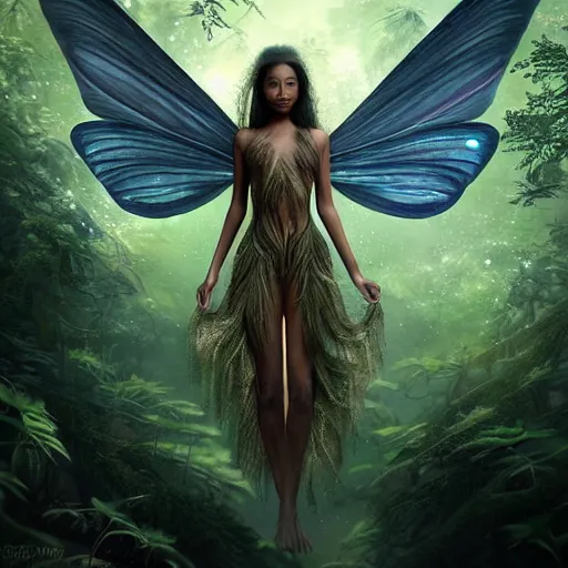 Prompt: a beautiful winged fairy portrait with brown skin, insanely detailed and intricate, flying in a beautiful alien forrest, deep in the woods, glowing floating particles, matte painting, cinematic, cgsociety, ross tran